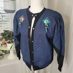 Vintage Pannil Hanes sweatshirt Navajo southwest snap jacket blue jean